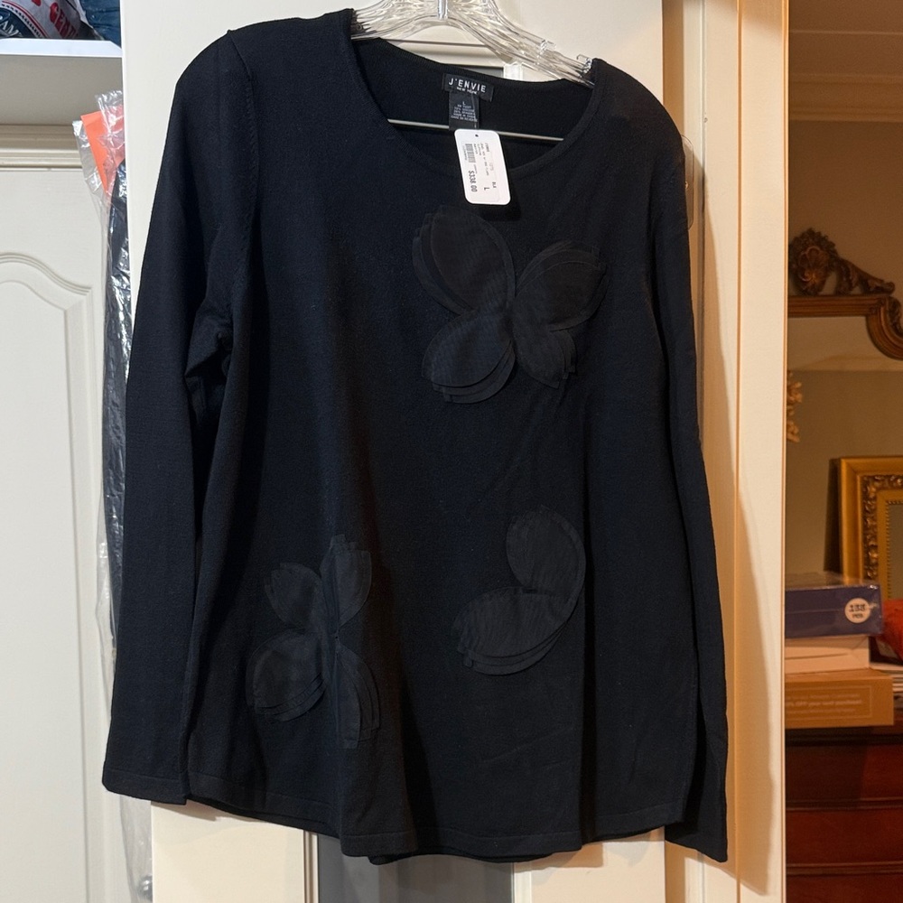 J’ ENVIE designer  Black Sweater with Floral organza appliqué